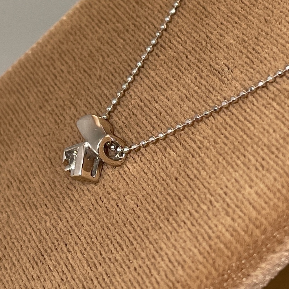 Vintage Solid White Gold 18K Natural Diamond Solitaire Pendant 14K Bead Necklace - Picture 7 of 16